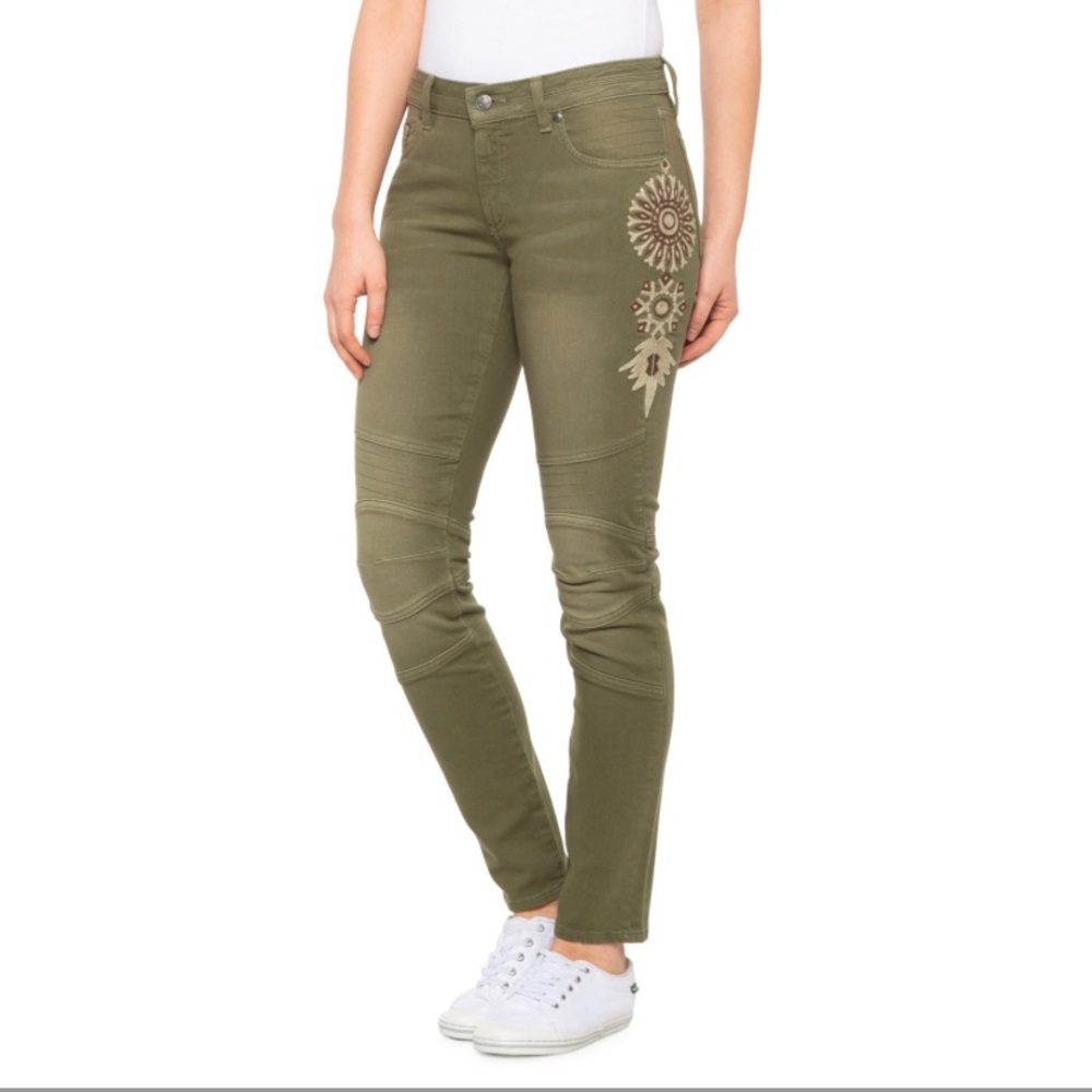 NWT Miss Me MM Vintage Olive Green Moto Skinny Jeans Embroidered Sun 25